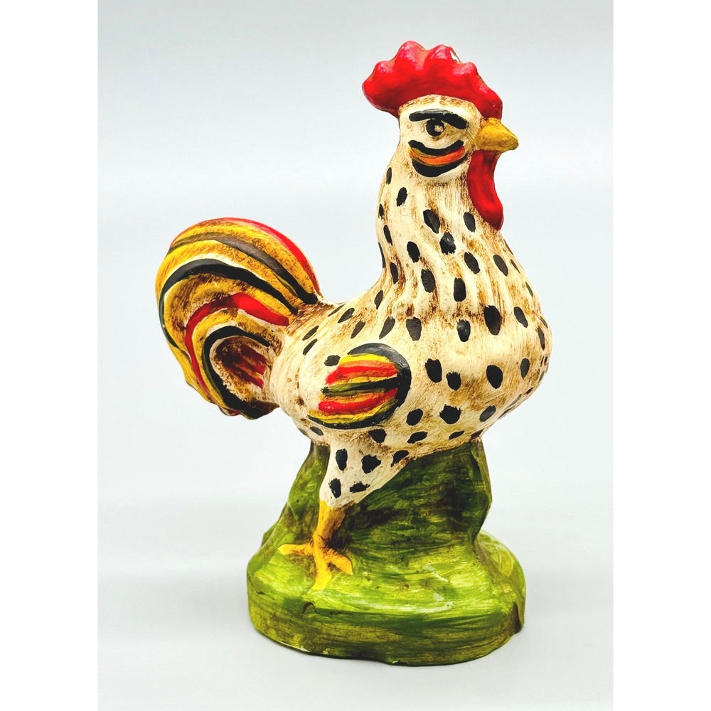 Rooster Figurine Hand Painted Folk Art Chalkware Farmhouse 6 inch